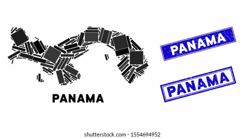 Mosaic Panama map and rectangle seal stamps. Flat vector Panama map mosaic of scattered rotated rectangle items. Blue caption stamps with distress textures.