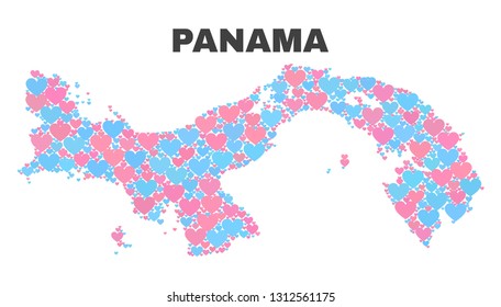 Mosaic Panama map of valentine hearts in pink and blue colors isolated on a white background. Lovely heart collage in shape of Panama map. Abstract design for Valentine illustrations.