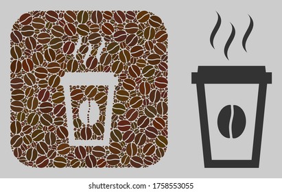 Mosaic paper coffee cup from coffee beans and basic icon. Stencil mosaic paper coffee cup is designed from coffee seeds. Flat vector illustrations elements for cafeteria projects.