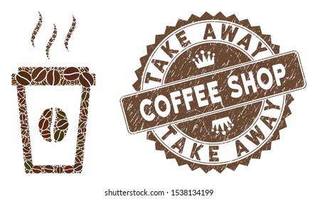 Mosaic paper coffee cup and corroded stamp watermark with Take Away Coffee Shop text. Mosaic vector paper coffee cup is composed with beans. Take Away Coffee Shop stamp uses chocolate color.