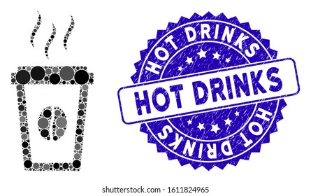 Mosaic paper coffee cup icon and rubber stamp seal with Hot Drinks phrase. Mosaic vector is composed with paper coffee cup pictogram and with scattered round spots.