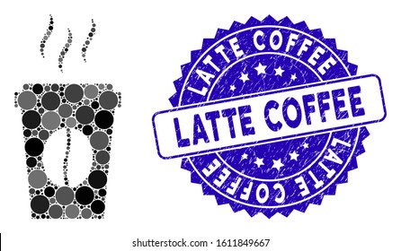 Mosaic paper coffee cup icon and grunge stamp seal with Latte Coffee text. Mosaic vector is created with paper coffee cup icon and with randomized round spots. Latte Coffee stamp uses blue color,