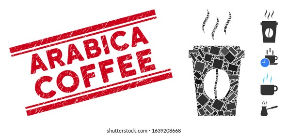 Mosaic paper coffee cup icon and red Arabica Coffee seal stamp between double parallel lines. Flat vector paper coffee cup mosaic pictogram of random rotated rectangle elements.