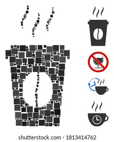 Mosaic Paper coffee cup icon organized from square items in variable sizes and color hues. Vector square items are organized into abstract mosaic paper coffee cup icon. Bonus icons are placed.