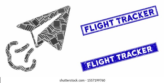 Mosaic paper plane start icon and rectangular seal stamps. Flat vector paper plane start mosaic icon of scattered rotated rectangular items. Blue caption seal stamps with corroded texture.