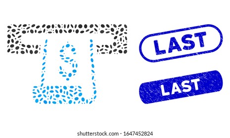 Mosaic paper receipt slot and distressed stamp seals with Last caption. Mosaic vector paper receipt slot is designed with scattered oval pieces. Last stamp seals use blue color,