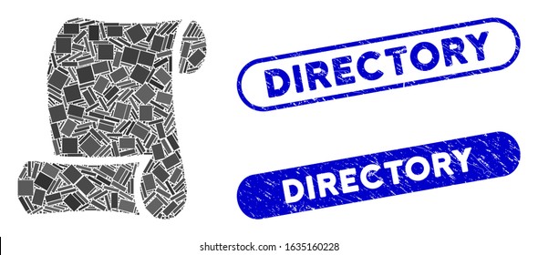 Mosaic paper roll and grunge stamp seals with Directory caption. Mosaic vector paper roll is designed with scattered rectangles. Directory stamp seals use blue color, and have round rectangle shape.