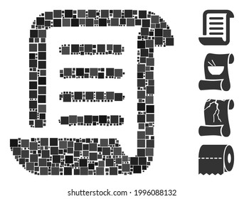 Mosaic Paper roll icon composed of square items in various sizes and color hues. Vector square items are composed into abstract mosaic paper roll icon. Bonus pictograms are placed.
