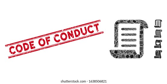Mosaic paper roll pictogram and red Code of Conduct rubber print between double parallel lines. Flat vector paper roll mosaic pictogram of random rotated rectangle elements.