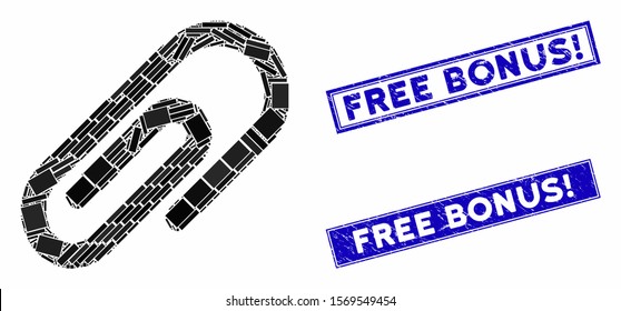 Mosaic paperclip pictogram and rectangle seal stamps. Flat vector paperclip mosaic pictogram of scattered rotated rectangle elements. Blue caption seal stamps with distress surface.