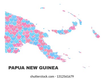 Mosaic Papua New Guinea map of valentine hearts in pink and blue colors isolated on a white background. Lovely heart collage in shape of Papua New Guinea map.