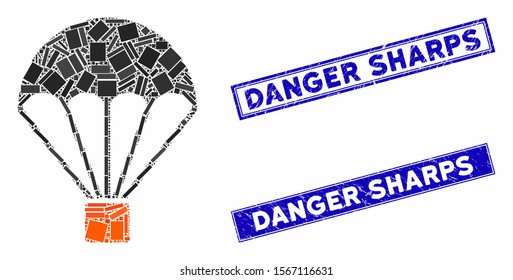 Mosaic parachute pictogram and rectangular rubber prints. Flat vector parachute mosaic pictogram of random rotated rectangle elements. Blue caption rubber stamps with rubber texture.