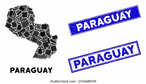 Mosaic Paraguay map and rectangle stamps. Flat vector Paraguay map mosaic of random rotated rectangle elements. Blue caption stamps with rubber textures.