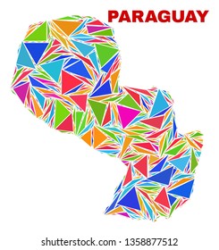 Mosaic Paraguay map of triangles in bright colors isolated on a white background. Triangular collage in shape of Paraguay map. Abstract design for patriotic purposes.