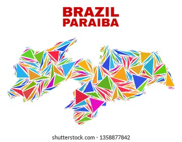 Mosaic Paraiba State map of triangles in bright colors isolated on a white background. Triangular collage in shape of Paraiba State map. Abstract design for patriotic illustrations.