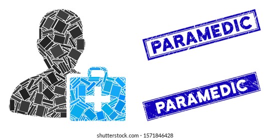 Mosaic paramedic pictogram and rectangle Paramedic rubber prints. Flat vector paramedic mosaic pictogram of random rotated rectangle items. Blue Paramedic rubber stamps with dirty textures.