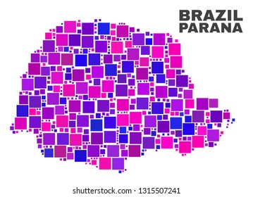Mosaic Parana State map isolated on a white background. Vector geographic abstraction in pink and violet colors. Mosaic of Parana State map combined of random small squares.