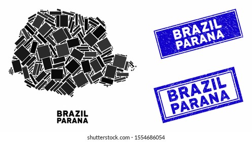 Mosaic Parana State map and rectangle seal stamps. Flat vector Parana State map mosaic of randomized rotated rectangular items. Blue caption seal stamps with scratched surface.