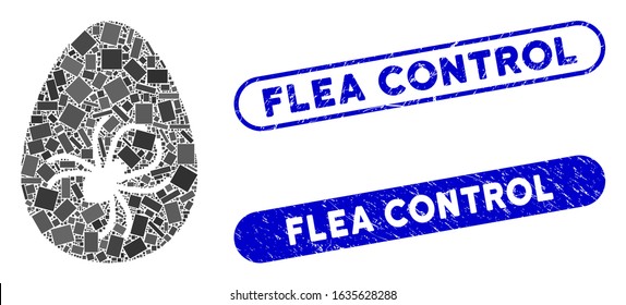 Mosaic parasite egg and corroded stamp seals with Flea Control text. Mosaic vector parasite egg is formed with random rectangle items. Flea Control stamp seals use blue color,