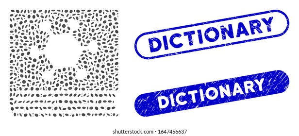 Mosaic parasite encyclopedia and grunge stamp seals with Dictionary caption. Mosaic vector parasite encyclopedia is composed with randomized elliptic dots. Dictionary stamp seals use blue color,