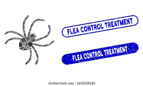 Mosaic parasite spider and rubber stamp seals with Flea Control Treatment phrase. Mosaic vector parasite spider is designed with scattered rectangle items.