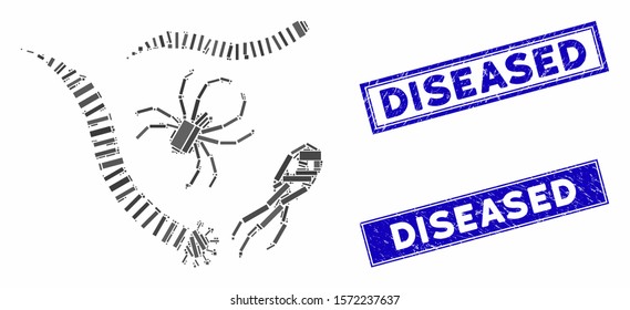 Mosaic parasites icon and rectangular Diseased watermarks. Flat vector parasites mosaic icon of random rotated rectangular items. Blue Diseased rubber stamps with rubber texture.