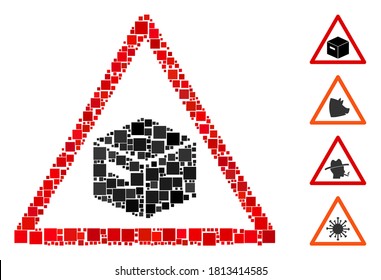 Icono de aviso de paquete mosaico diseñado a partir de elementos cuadrados en tamaños variables y tonos de color. Las partes cuadradas vectoriales se combinan en un icono abstracto de advertencia de paquetes de mosaico. Se colocan pictogramas bonificados.