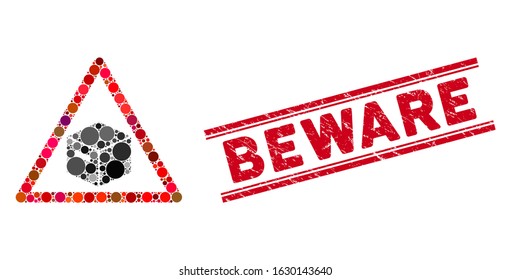 Mosaic parcel warning icon and grunge stamp watermark with Beware phrase between double parallel lines. Mosaic vector is composed with parcel warning icon and with randomized spheric spots.