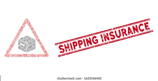 Mosaic parcel warning pictogram and red Shipping Insurance seal stamp between double parallel lines. Flat vector parcel warning mosaic icon of random rotated linear elements.