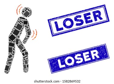 Mosaic parkinson disease pictogram and rectangular Loser stamps. Flat vector parkinson disease mosaic pictogram of randomized rotated rectangular items. Blue Loser seal stamps with corroded textures.