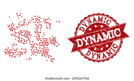 Mosaic particle swarm created with red love hearts, and isolated grunge watermark. Composition for Valentines Day. Particle swarm concept constructed with small random wedding heart objects.