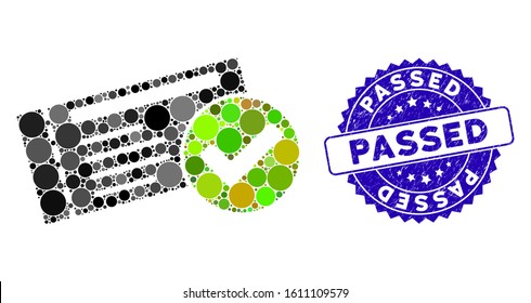 Mosaic passed icon and distressed stamp watermark with Passed caption. Mosaic vector is designed with passed icon and with randomized round spots. Passed stamp seal uses blue color,