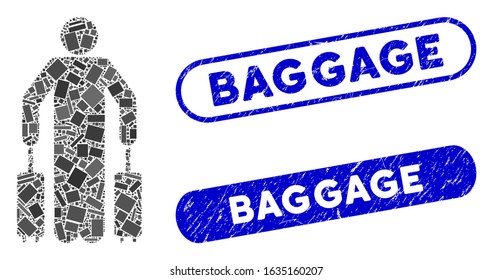 Mosaic passenger baggage and rubber stamp seals with Baggage caption. Mosaic vector passenger baggage is formed with randomized rectangle items. Baggage stamp seals use blue color,