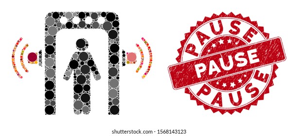 Mosaic passenger control and grunge stamp watermark with Pause phrase. Mosaic vector is created with passenger control icon and with random spheric items. Pause stamp uses red color,