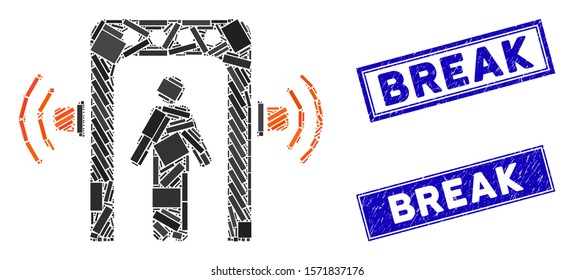 Mosaic passenger control icon and rectangle Break seals. Flat vector passenger control mosaic icon of randomized rotated rectangle items. Blue Break rubber seals with distress surface.