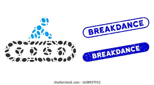 Mosaic passenger conveyor and distressed stamp seals with Breakdance text. Mosaic vector passenger conveyor is created with scattered ellipse items. Breakdance stamp seals use blue color,