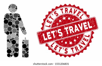 Mosaic passenger and distressed stamp seal with Let'S Travel caption. Mosaic vector is composed with passenger icon and with random spheric elements. Let'S Travel stamp seal uses red color,