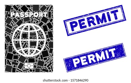 Mosaic passport icon and rectangle Permit stamps. Flat vector passport mosaic icon of scattered rotated rectangle elements. Blue Permit rubber seals with grunge textures.