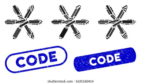 Mosaic password code and corroded stamp seals with Code phrase. Mosaic vector password code is created with scattered rectangles. Code stamp seals use blue color, and have round rectangle shape.