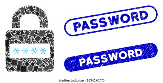 Mosaic password lock and corroded stamp seals with Password text. Mosaic vector password lock is created with random rectangle items. Password stamp seals use blue color,