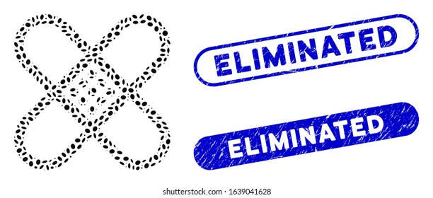 Mosaic patch and corroded stamp seals with Eliminated text. Mosaic vector patch is created with randomized elliptic elements. Eliminated stamp seals use blue color, and have round rectangle shape.