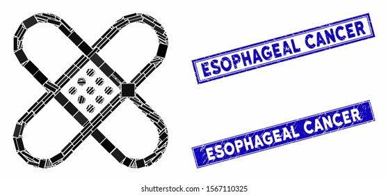 Mosaic patch icon and rectangle stamps. Flat vector patch mosaic icon of scattered rotated rectangular items. Blue caption seal stamps with rubber texture.