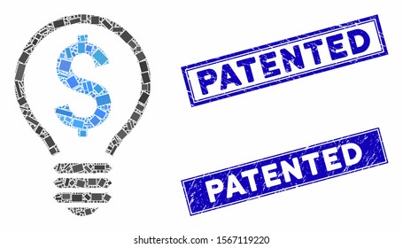 Mosaic patent bulb pictogram and rectangle stamps. Flat vector patent bulb mosaic pictogram of randomized rotated rectangle elements. Blue caption seal stamps with distress surface.