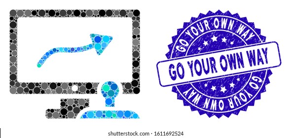 Mosaic path control monitor icon and rubber stamp seal with Go Your Own Way phrase. Mosaic vector is created from path control monitor icon and with scattered spheric spots.