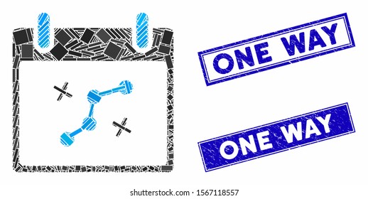 Mosaic path points calendar day icon and rectangle stamps. Flat vector path points calendar day mosaic icon of random rotated rectangle items. Blue caption rubber seals with distress surface.