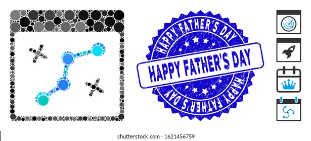 Mosaic path points calendar page icon and rubber stamp watermark with Happy Father'S Day caption. Mosaic vector is designed with path points calendar page icon and with randomized round elements.