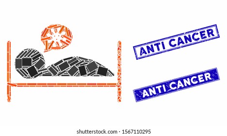 Mosaic patient bed pictogram and rectangle stamps. Flat vector patient bed mosaic pictogram of random rotated rectangle items. Blue caption seal stamps with rubber surface.