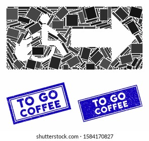 Mosaic patient exit icon and rectangular To Go Coffee watermarks. Flat vector patient exit mosaic icon of scattered rotated rectangular items. Blue To Go Coffee rubber seals with rubber texture.