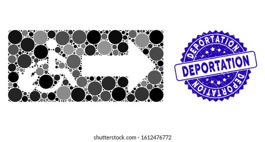 Mosaic patient exit icon and rubber stamp watermark with Deportation text. Mosaic vector is composed with patient exit pictogram and with randomized spheric spots. Deportation stamp uses blue color,