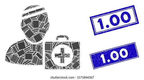 Mosaic patient first aid case icon and rectangle 1.00 seal stamps. Flat vector patient first aid case mosaic icon of scattered rotated rectangle items. Blue 1.00 seal stamps with grunge texture.